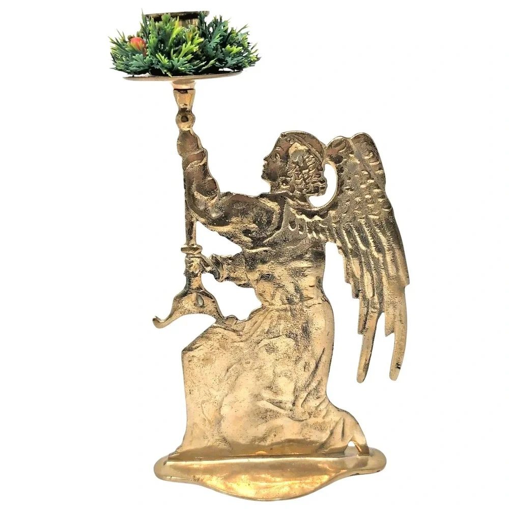 Vtg Solid Brass Angel Taper Candle Holder Christmas Kneeling Stand Two Sided